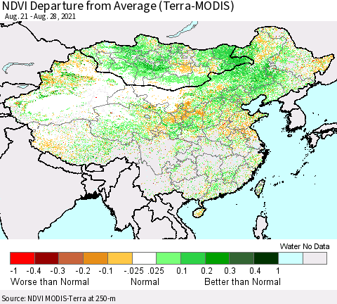 China, Mongolia and Taiwan NDVI Departure from Average (Terra-MODIS) Thematic Map For 8/21/2021 - 8/28/2021