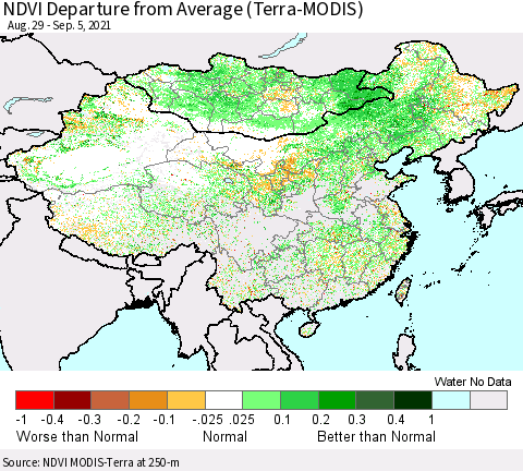 China, Mongolia and Taiwan NDVI Departure from Average (Terra-MODIS) Thematic Map For 8/29/2021 - 9/5/2021