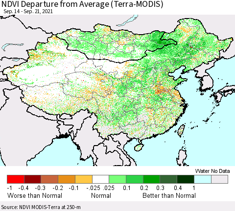 China, Mongolia and Taiwan NDVI Departure from Average (Terra-MODIS) Thematic Map For 9/14/2021 - 9/21/2021