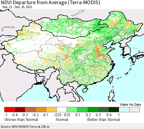 China, Mongolia and Taiwan NDVI Departure from Average (Terra-MODIS) Thematic Map For 9/22/2021 - 9/29/2021