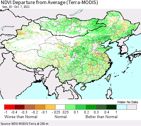 China, Mongolia and Taiwan NDVI Departure from Average (Terra-MODIS) Thematic Map For 9/30/2021 - 10/7/2021