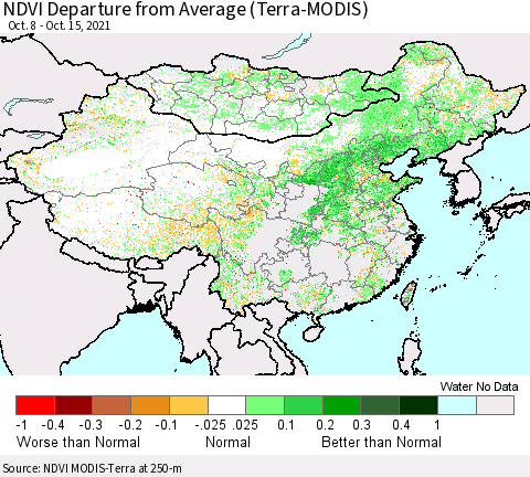 China, Mongolia and Taiwan NDVI Departure from Average (Terra-MODIS) Thematic Map For 10/8/2021 - 10/15/2021