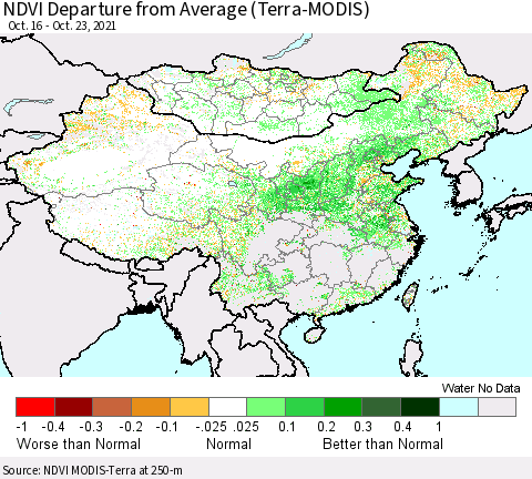 China, Mongolia and Taiwan NDVI Departure from Average (Terra-MODIS) Thematic Map For 10/16/2021 - 10/23/2021