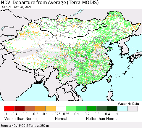 China, Mongolia and Taiwan NDVI Departure from Average (Terra-MODIS) Thematic Map For 10/24/2021 - 10/31/2021