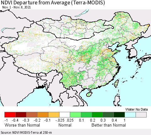 China, Mongolia and Taiwan NDVI Departure from Average (Terra-MODIS) Thematic Map For 11/1/2021 - 11/8/2021