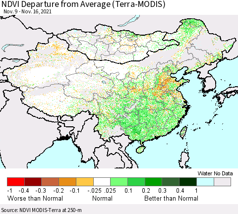 China, Mongolia and Taiwan NDVI Departure from Average (Terra-MODIS) Thematic Map For 11/9/2021 - 11/16/2021