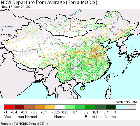China, Mongolia and Taiwan NDVI Departure from Average (Terra-MODIS) Thematic Map For 11/17/2021 - 11/24/2021