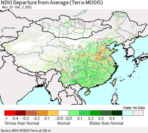 China, Mongolia and Taiwan NDVI Departure from Average (Terra-MODIS) Thematic Map For 11/25/2021 - 12/2/2021