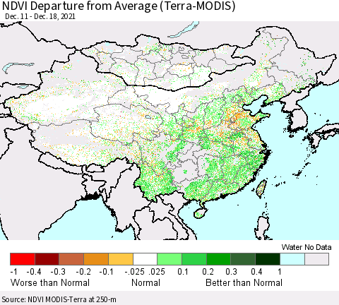 China, Mongolia and Taiwan NDVI Departure from Average (Terra-MODIS) Thematic Map For 12/11/2021 - 12/18/2021