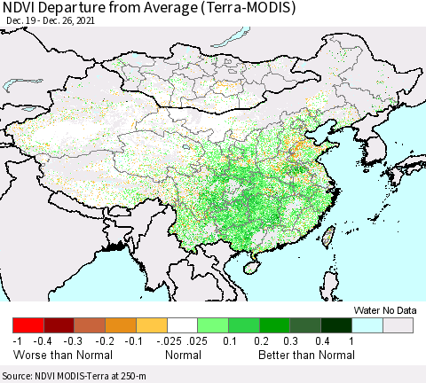 China, Mongolia and Taiwan NDVI Departure from Average (Terra-MODIS) Thematic Map For 12/19/2021 - 12/26/2021