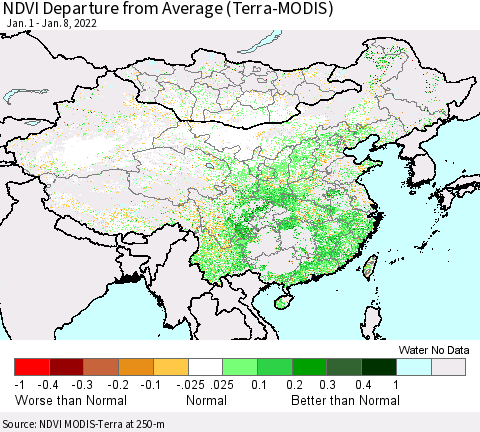 China, Mongolia and Taiwan NDVI Departure from Average (Terra-MODIS) Thematic Map For 1/1/2022 - 1/8/2022