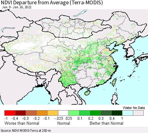 China, Mongolia and Taiwan NDVI Departure from Average (Terra-MODIS) Thematic Map For 1/9/2022 - 1/16/2022