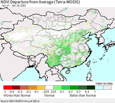 China, Mongolia and Taiwan NDVI Departure from Average (Terra-MODIS) Thematic Map For 1/17/2022 - 1/24/2022