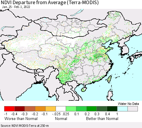 China, Mongolia and Taiwan NDVI Departure from Average (Terra-MODIS) Thematic Map For 1/25/2022 - 2/1/2022