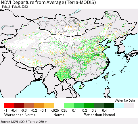 China, Mongolia and Taiwan NDVI Departure from Average (Terra-MODIS) Thematic Map For 2/2/2022 - 2/9/2022
