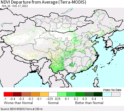China, Mongolia and Taiwan NDVI Departure from Average (Terra-MODIS) Thematic Map For 2/10/2022 - 2/17/2022