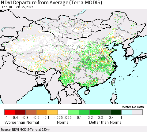 China, Mongolia and Taiwan NDVI Departure from Average (Terra-MODIS) Thematic Map For 2/18/2022 - 2/25/2022