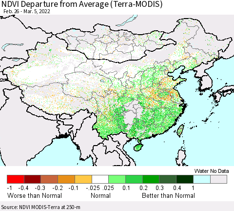 China, Mongolia and Taiwan NDVI Departure from Average (Terra-MODIS) Thematic Map For 2/26/2022 - 3/5/2022