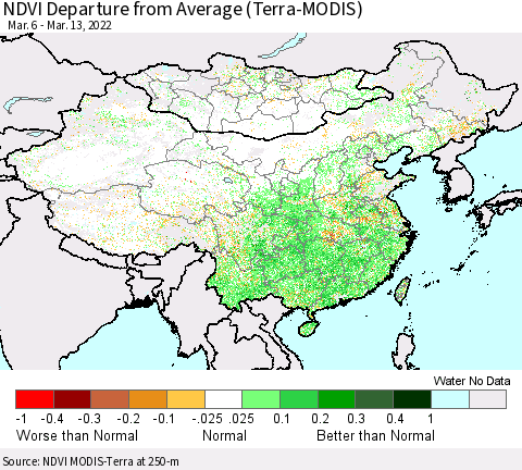 China, Mongolia and Taiwan NDVI Departure from Average (Terra-MODIS) Thematic Map For 3/6/2022 - 3/13/2022