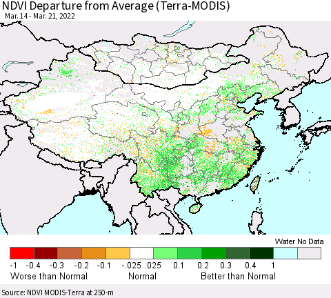 China, Mongolia and Taiwan NDVI Departure from Average (Terra-MODIS) Thematic Map For 3/14/2022 - 3/21/2022