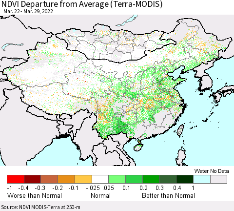 China, Mongolia and Taiwan NDVI Departure from Average (Terra-MODIS) Thematic Map For 3/22/2022 - 3/29/2022