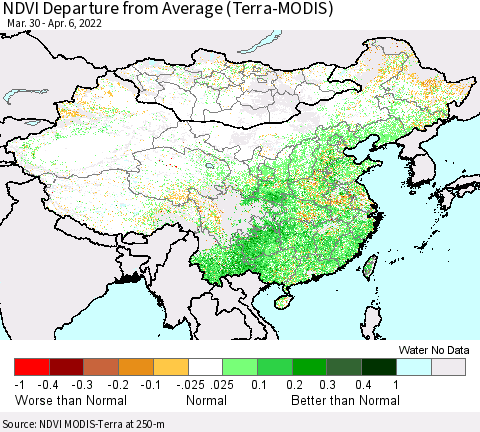 China, Mongolia and Taiwan NDVI Departure from Average (Terra-MODIS) Thematic Map For 3/30/2022 - 4/6/2022
