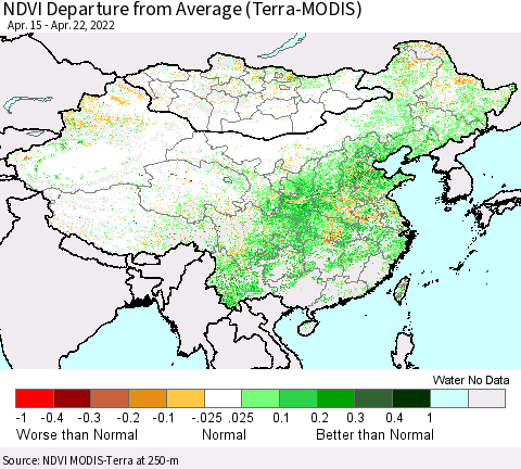 China, Mongolia and Taiwan NDVI Departure from Average (Terra-MODIS) Thematic Map For 4/15/2022 - 4/22/2022