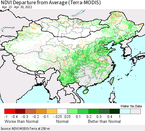China, Mongolia and Taiwan NDVI Departure from Average (Terra-MODIS) Thematic Map For 4/23/2022 - 4/30/2022