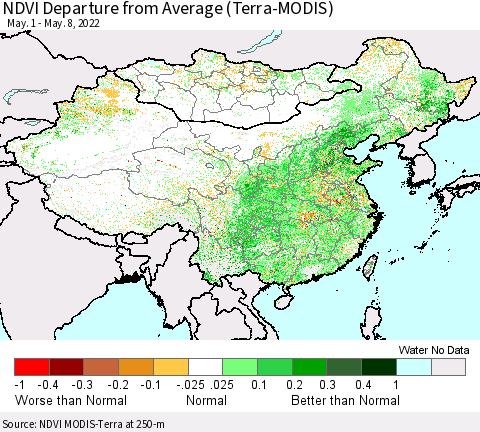China, Mongolia and Taiwan NDVI Departure from Average (Terra-MODIS) Thematic Map For 5/1/2022 - 5/8/2022