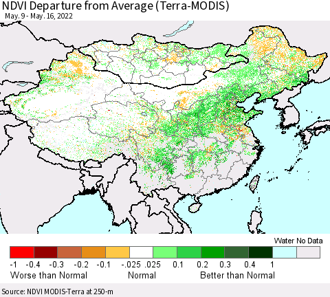 China, Mongolia and Taiwan NDVI Departure from Average (Terra-MODIS) Thematic Map For 5/9/2022 - 5/16/2022