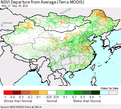 China, Mongolia and Taiwan NDVI Departure from Average (Terra-MODIS) Thematic Map For 5/17/2022 - 5/24/2022