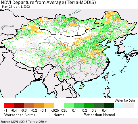 China, Mongolia and Taiwan NDVI Departure from Average (Terra-MODIS) Thematic Map For 5/25/2022 - 6/1/2022