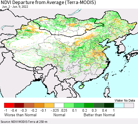 China, Mongolia and Taiwan NDVI Departure from Average (Terra-MODIS) Thematic Map For 6/2/2022 - 6/9/2022