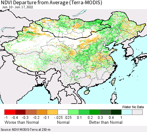 China, Mongolia and Taiwan NDVI Departure from Average (Terra-MODIS) Thematic Map For 6/10/2022 - 6/17/2022