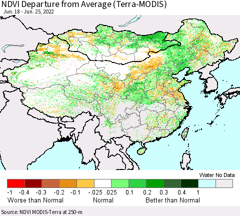 China, Mongolia and Taiwan NDVI Departure from Average (Terra-MODIS) Thematic Map For 6/18/2022 - 6/25/2022