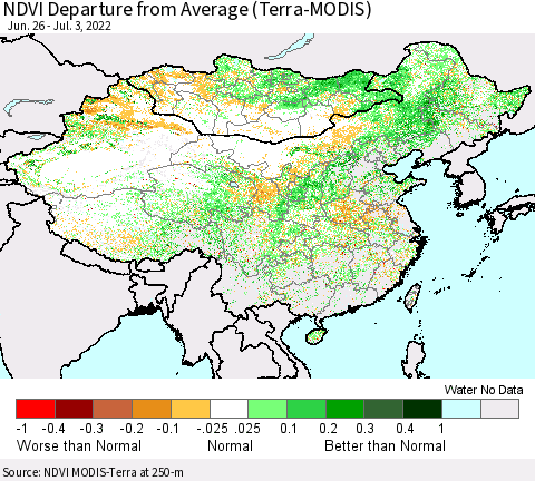 China, Mongolia and Taiwan NDVI Departure from Average (Terra-MODIS) Thematic Map For 6/26/2022 - 7/3/2022