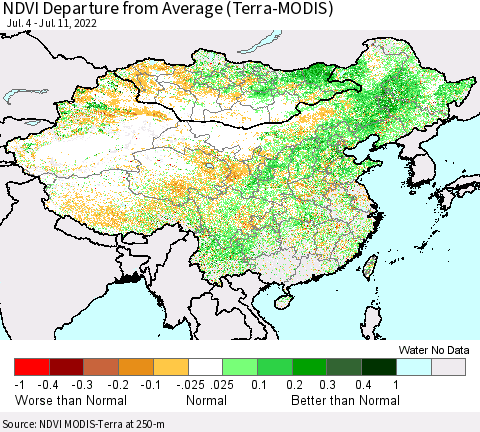 China, Mongolia and Taiwan NDVI Departure from Average (Terra-MODIS) Thematic Map For 7/4/2022 - 7/11/2022