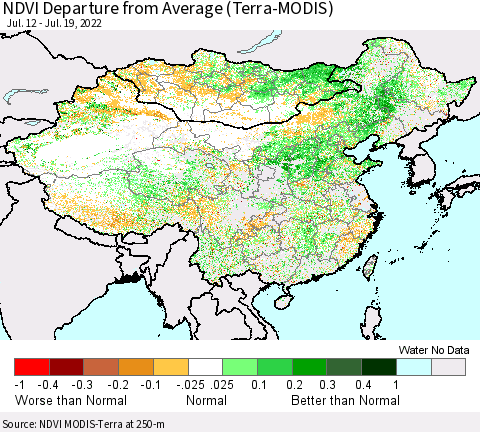 China, Mongolia and Taiwan NDVI Departure from Average (Terra-MODIS) Thematic Map For 7/12/2022 - 7/19/2022