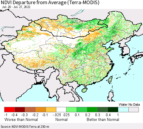 China, Mongolia and Taiwan NDVI Departure from Average (Terra-MODIS) Thematic Map For 7/20/2022 - 7/27/2022