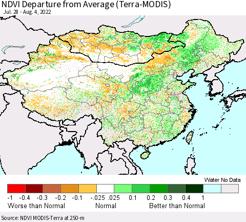 China, Mongolia and Taiwan NDVI Departure from Average (Terra-MODIS) Thematic Map For 7/28/2022 - 8/4/2022