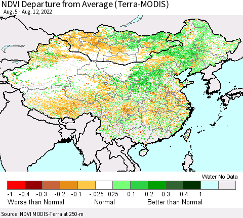 China, Mongolia and Taiwan NDVI Departure from Average (Terra-MODIS) Thematic Map For 8/5/2022 - 8/12/2022