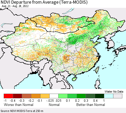 China, Mongolia and Taiwan NDVI Departure from Average (Terra-MODIS) Thematic Map For 8/21/2022 - 8/28/2022