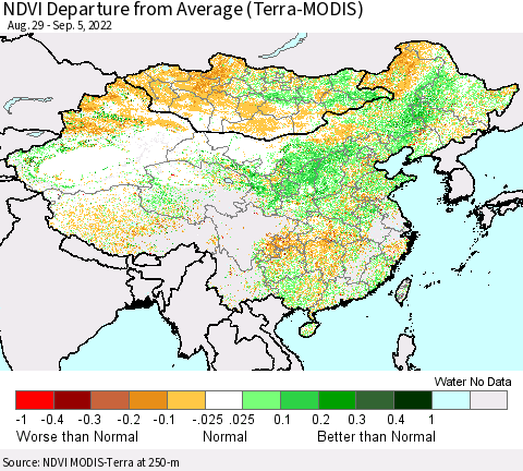 China, Mongolia and Taiwan NDVI Departure from Average (Terra-MODIS) Thematic Map For 8/29/2022 - 9/5/2022