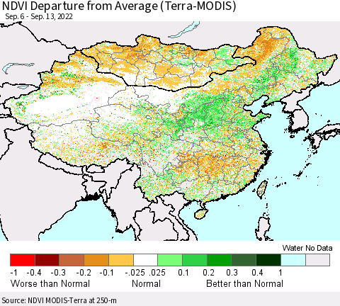 China, Mongolia and Taiwan NDVI Departure from Average (Terra-MODIS) Thematic Map For 9/6/2022 - 9/13/2022
