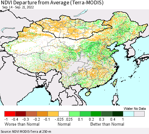 China, Mongolia and Taiwan NDVI Departure from Average (Terra-MODIS) Thematic Map For 9/14/2022 - 9/21/2022