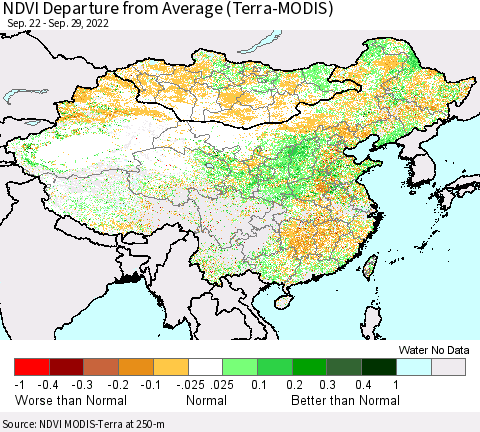China, Mongolia and Taiwan NDVI Departure from Average (Terra-MODIS) Thematic Map For 9/22/2022 - 9/29/2022