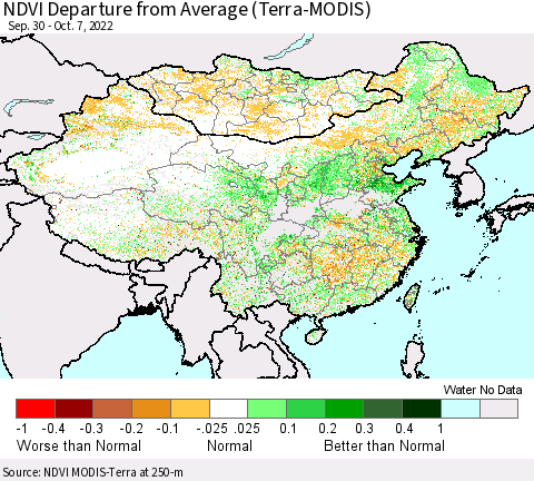 China, Mongolia and Taiwan NDVI Departure from Average (Terra-MODIS) Thematic Map For 9/30/2022 - 10/7/2022