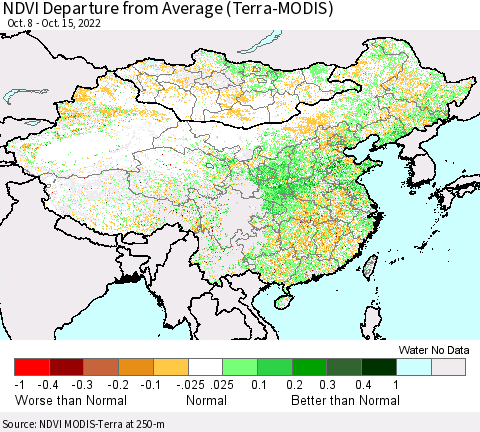 China, Mongolia and Taiwan NDVI Departure from Average (Terra-MODIS) Thematic Map For 10/8/2022 - 10/15/2022