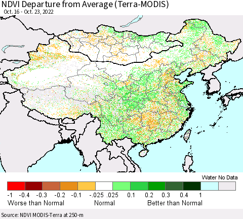 China, Mongolia and Taiwan NDVI Departure from Average (Terra-MODIS) Thematic Map For 10/16/2022 - 10/23/2022