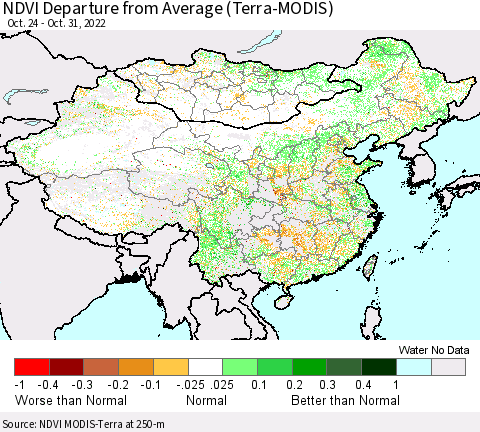 China, Mongolia and Taiwan NDVI Departure from Average (Terra-MODIS) Thematic Map For 10/24/2022 - 10/31/2022